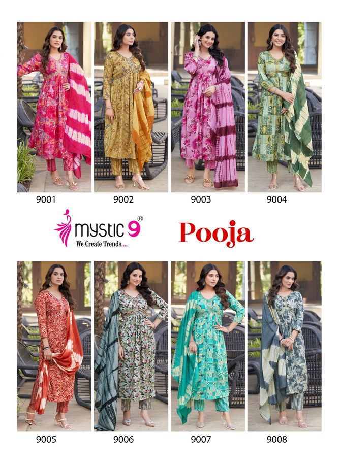 Pooja Vol 9 By Mystic 9 Rayon Aliya Cut Kurti With Bottom Dupatta Wholesale Price